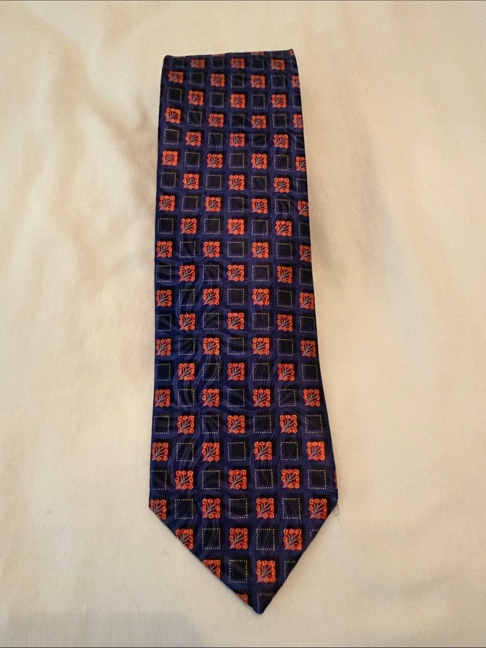 Ermenegildo Zegna Navy Blue Tie with Red Grid Motif